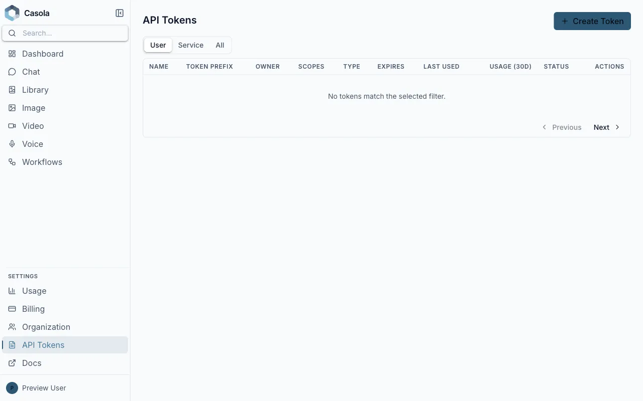 API Tokens management page