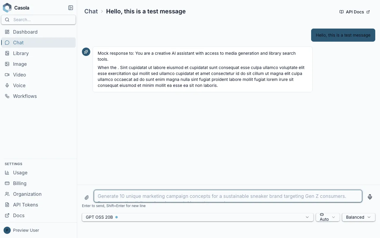 Chat page with a multi-turn conversation, model selector, and sidebar