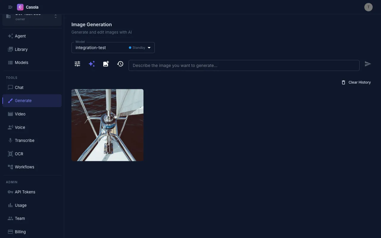 Image generation page with a completed image