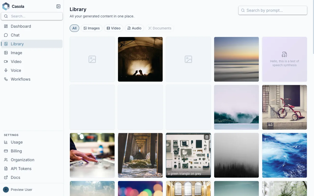 Library page showing a grid of generated content with filter chips