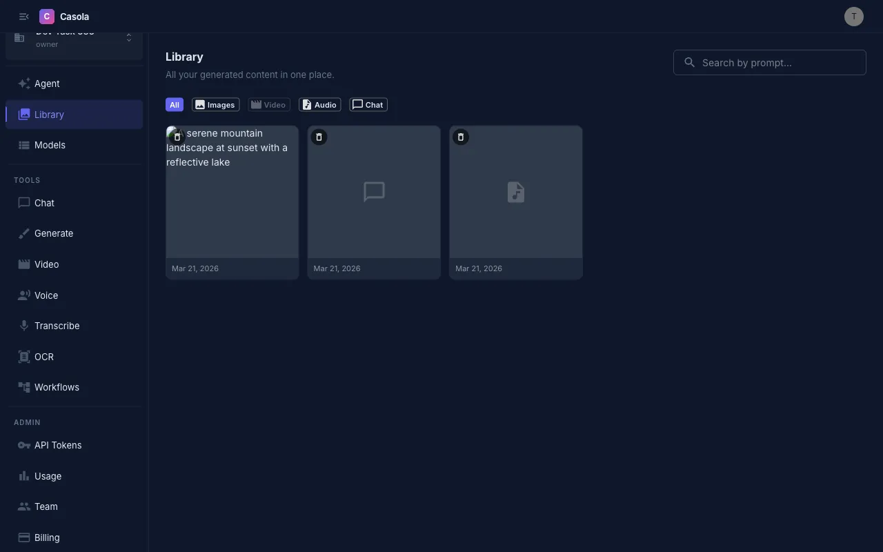 Library page showing a grid of generated content with filter chips