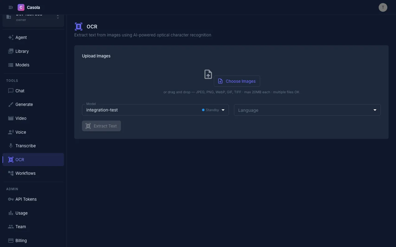 OCR page with image upload and model selection
