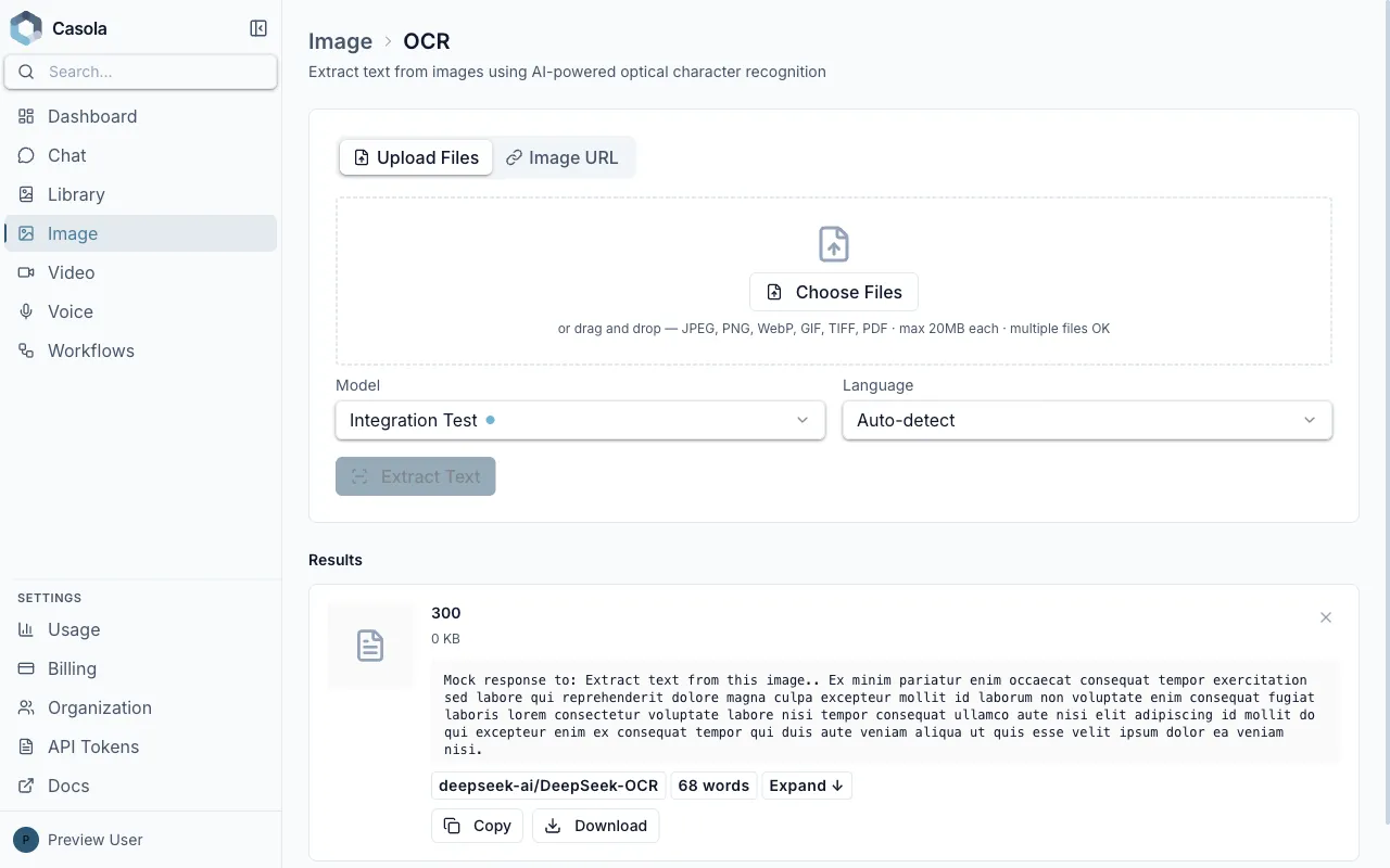OCR page with image upload and model selection