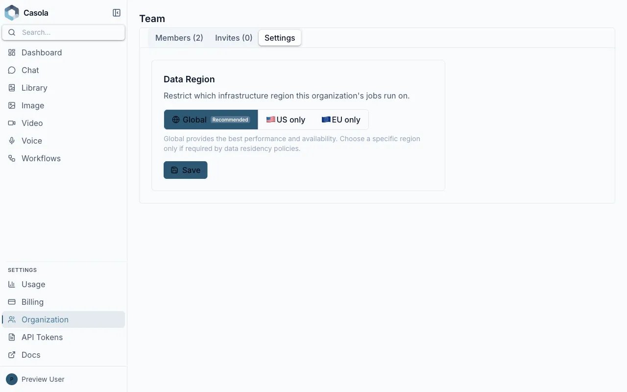 Organization settings page