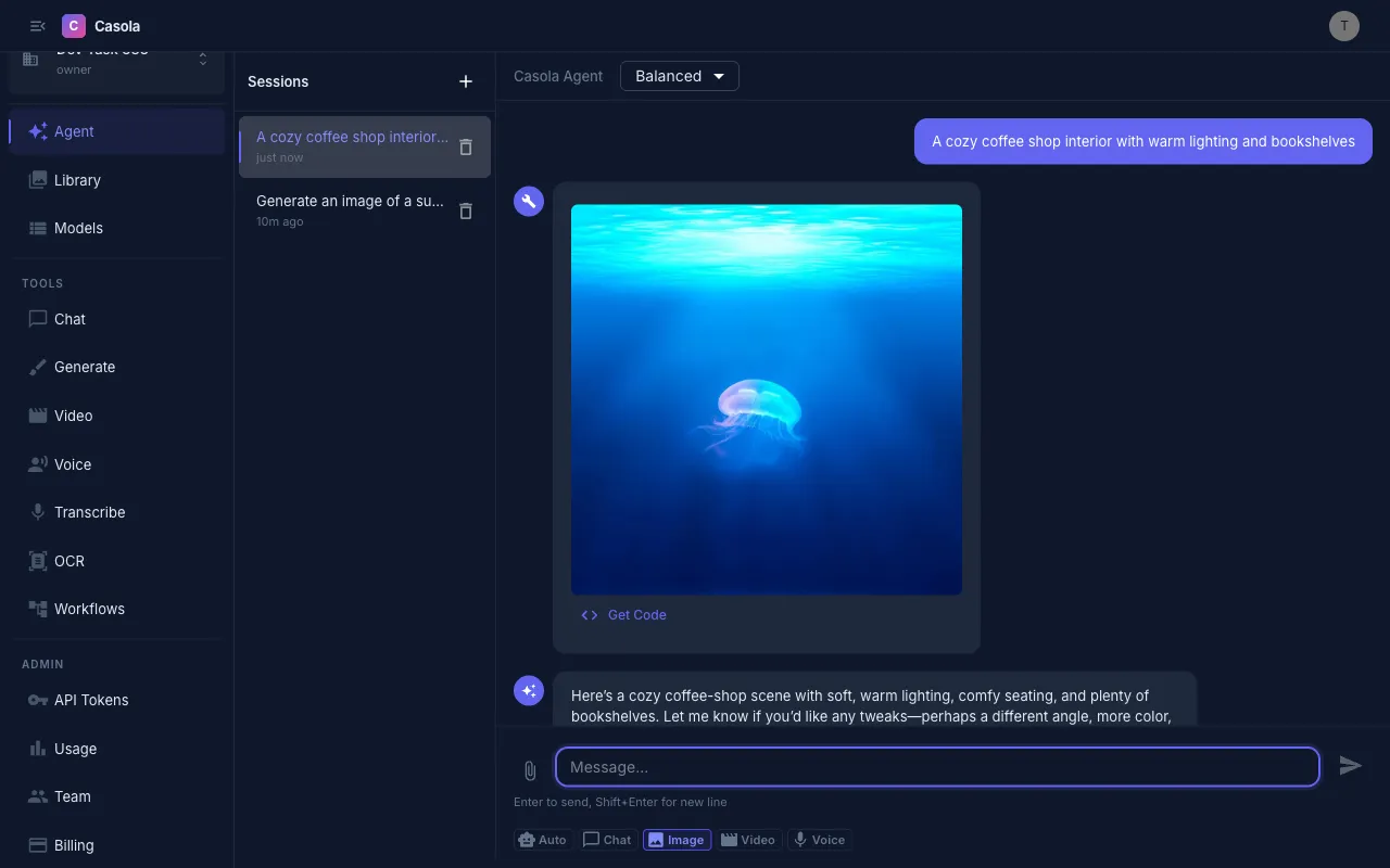 Studio page showing a conversation with generated image and mode selector