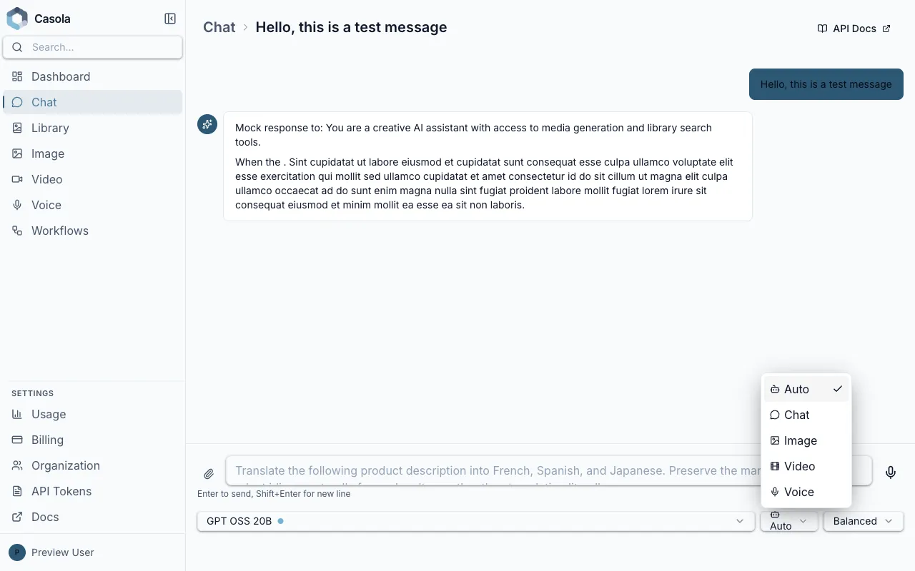Studio page showing a conversation with generated image and mode selector