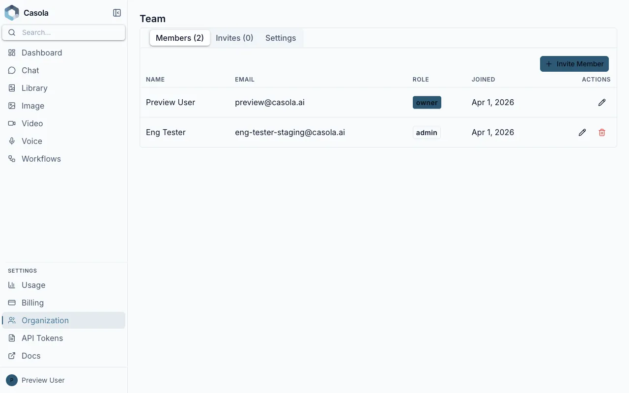 Team management page with members and roles