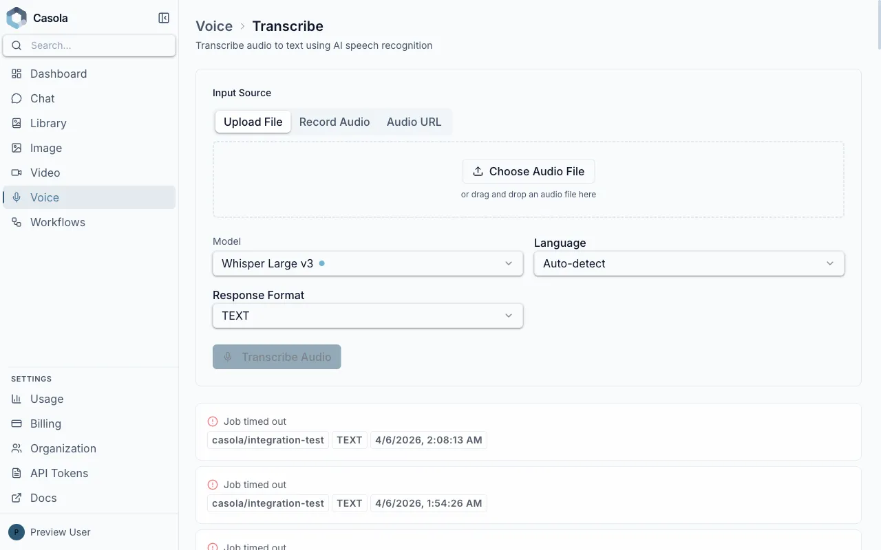 Speech to text transcription page