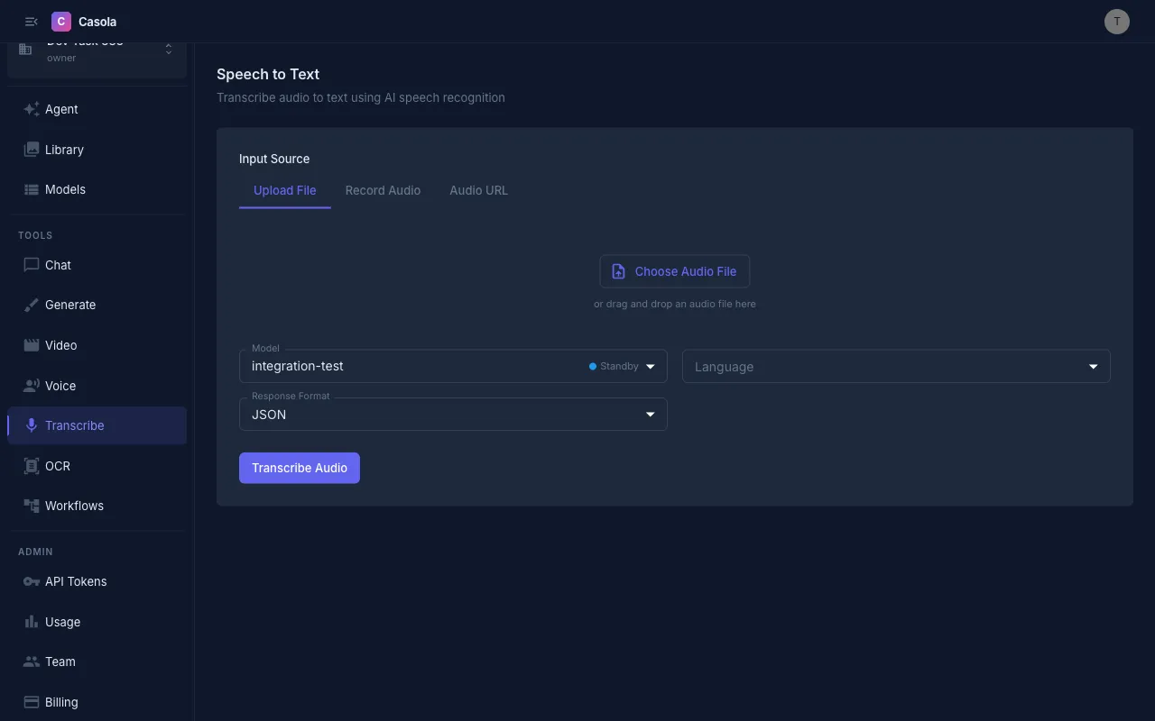 Speech to text transcription page