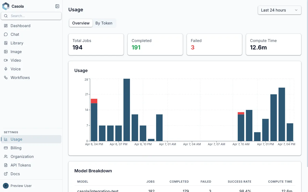 Usage dashboard showing jobs chart and model breakdown