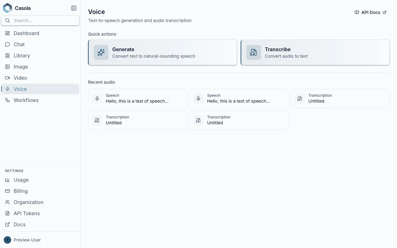 Voice generation page with audio player and settings