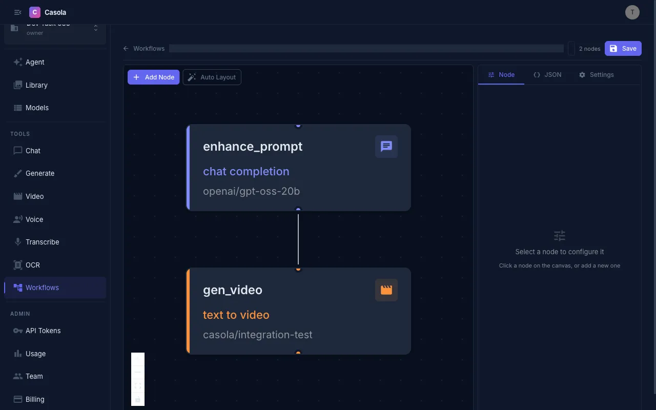 Workflow editor with a Prompt to Video pipeline
